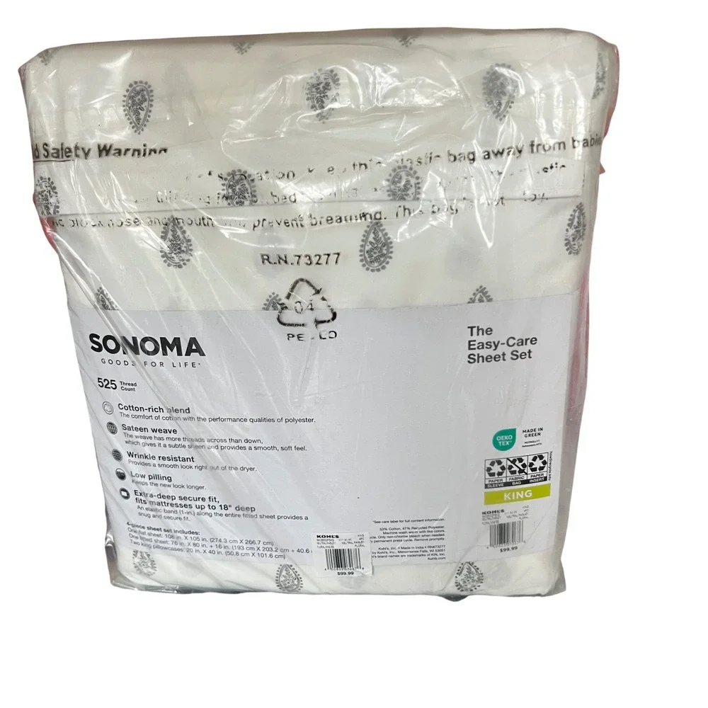 Sonoma Goods For Life Easy Care Sheet Set‎ 525 Count Cotton Blend King Neutral